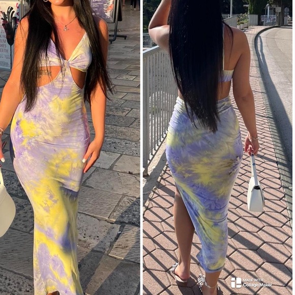 TIE DYE CUT OUT WAIST SPLIT THIGH CAMI DRESS - Picture 1 of 6